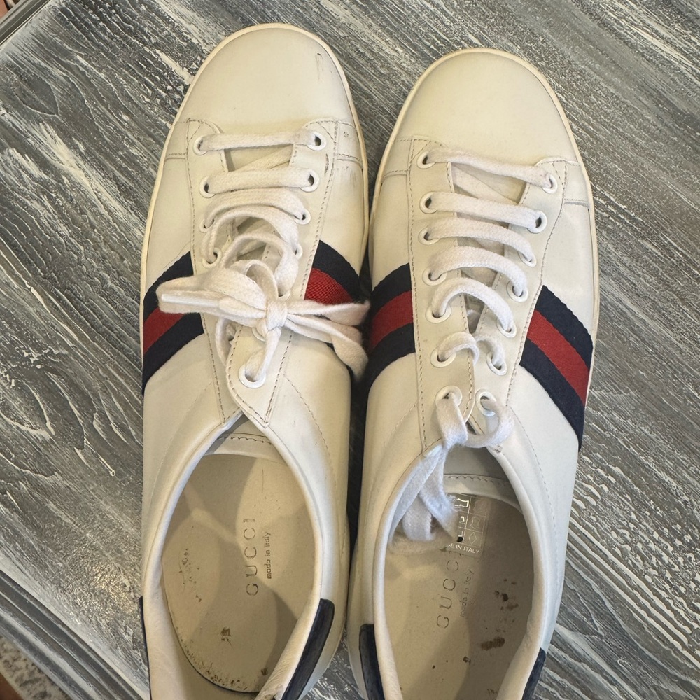 Gucci Women’s White Sneakers with Red and Blue Stripes